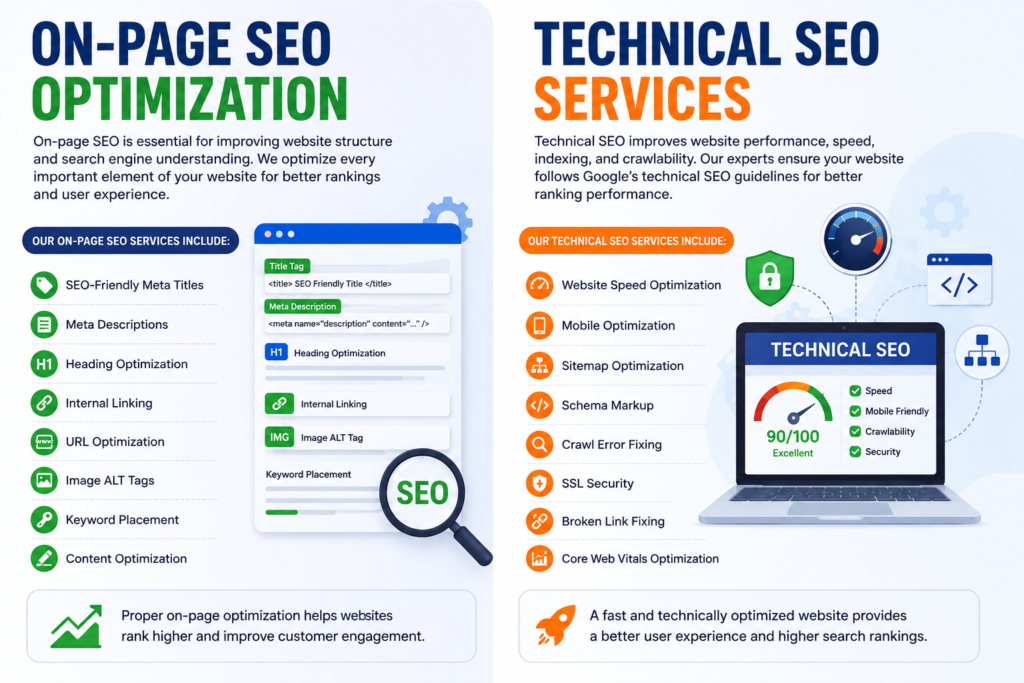 On-Page SEO Optimization and Technical SEO Services infographic showing SEO-friendly meta titles, content optimization, website speed optimization, schema markup, and Core Web Vitals improvements