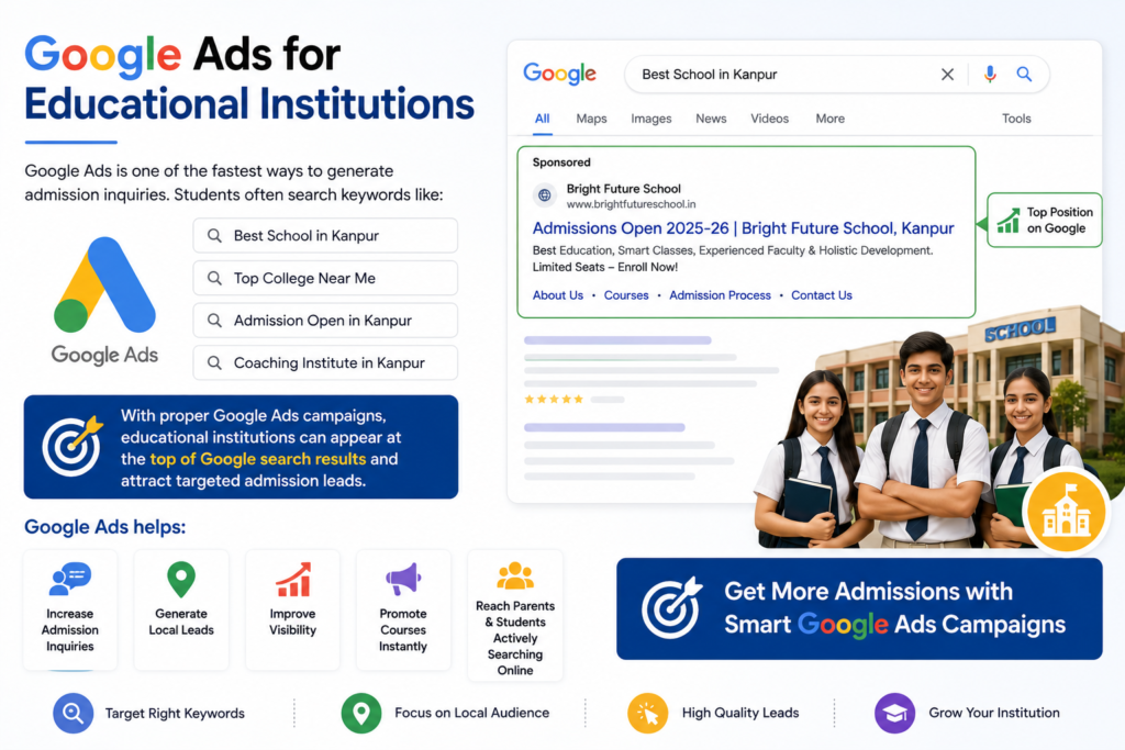 Google Ads services for schools and colleges showing admission lead generation, local student targeting, school promotion campaigns, coaching institute advertising, and education marketing in Kanpur