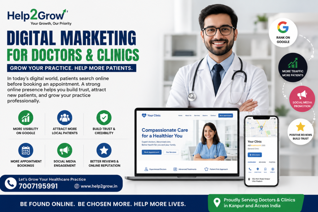 Digital marketing services for doctors and clinics showing healthcare website development, Google ranking, patient lead generation, social media marketing, online appointment booking, and local SEO services