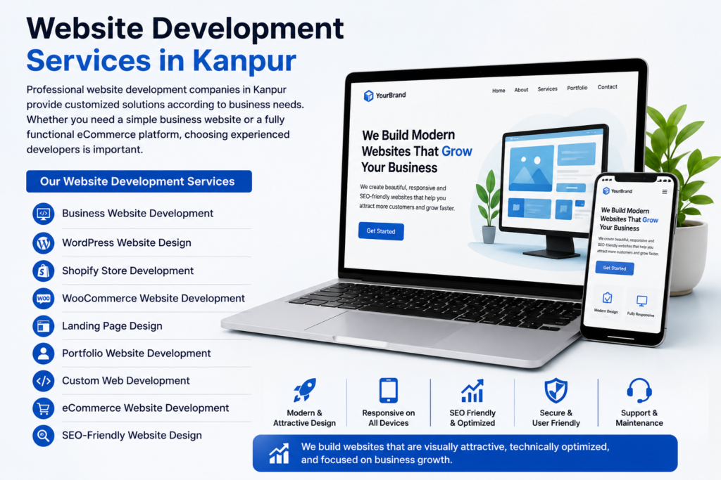 Website Development Services in Kanpur infographic showing WordPress, Shopify, WooCommerce, eCommerce, landing page design, SEO-friendly website development, and responsive business websites
