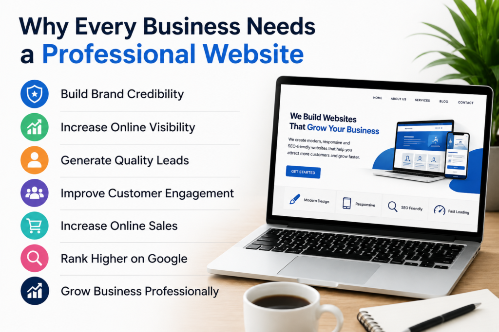 Why Every Business Needs a Professional Website infographic showing benefits like brand credibility, online visibility, lead generation, customer engagement, online sales, and Google ranking