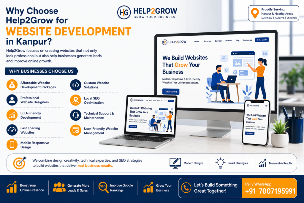 Affordable website development services in Kanpur by Help2Grow featuring responsive website design, SEO-friendly development, WordPress, Shopify, WooCommerce, eCommerce solutions, and mobile-friendly business websites