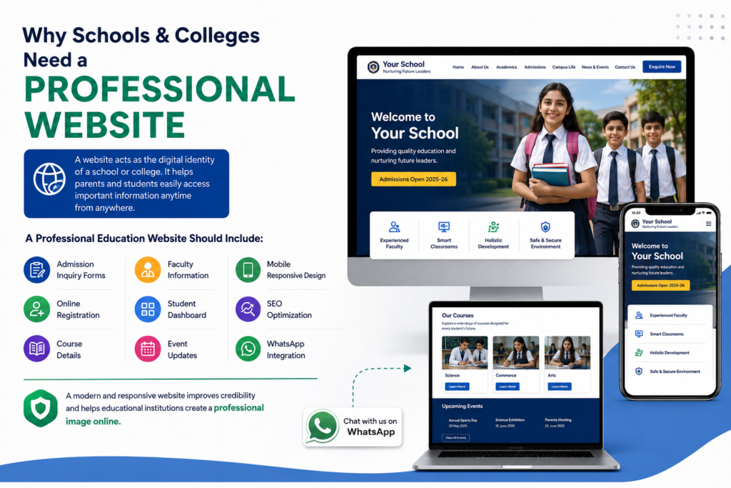 Professional website development for schools and colleges featuring admission inquiry forms, online registration, student dashboard, mobile responsive design, SEO optimization, and WhatsApp integration