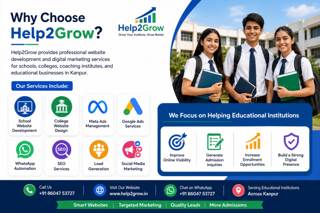 Help2Grow educational digital marketing services banner showing school website development, college website design, Meta Ads management, Google Ads services, WhatsApp automation, SEO services, lead generation, and social media marketing for schools and colleges in Kanpur
