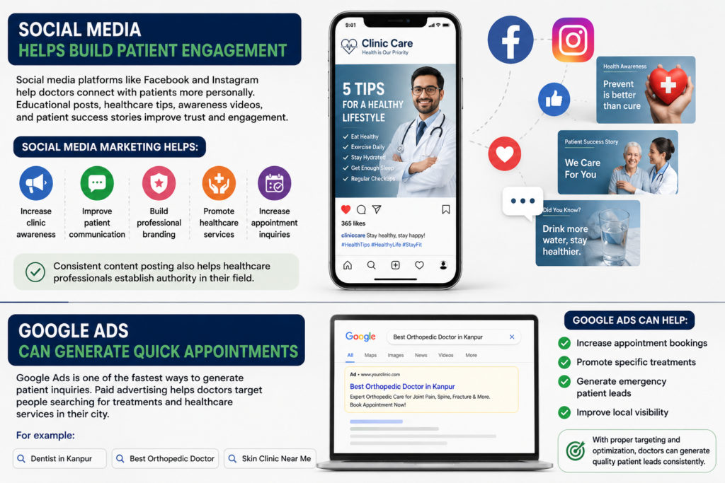 Healthcare digital marketing services by Help2Grow showing medical website development, SEO services for doctors, Google Ads management, social media marketing, local SEO optimization, and patient lead generation for clinics and hospitals