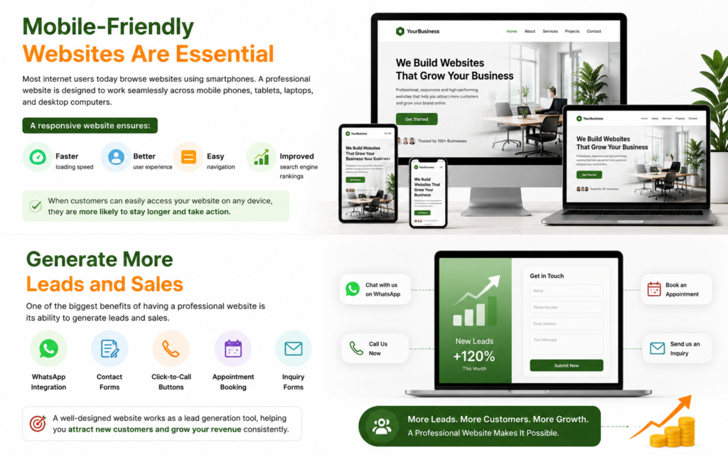 Mobile-friendly business website design with responsive layout and lead generation features including WhatsApp integration, contact forms, and appointment booking.