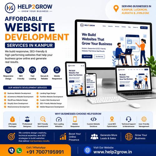 Affordable website development services in Kanpur by Help2Grow featuring responsive website design, SEO-friendly development, WordPress, Shopify, WooCommerce, eCommerce solutions, and mobile-friendly business websites