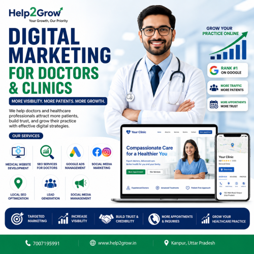 Digital marketing for doctors and clinics banner showing healthcare website development, SEO services, Google Ads management, social media marketing, patient lead generation, and online healthcare branding by Help2Grow