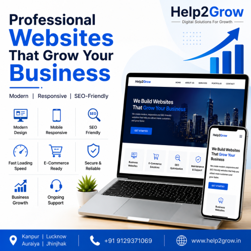 Professional website development feature banner by Help2Grow showing responsive website design, SEO-friendly development, fast loading speed, eCommerce solutions, mobile optimization, and business growth services in Kanpur