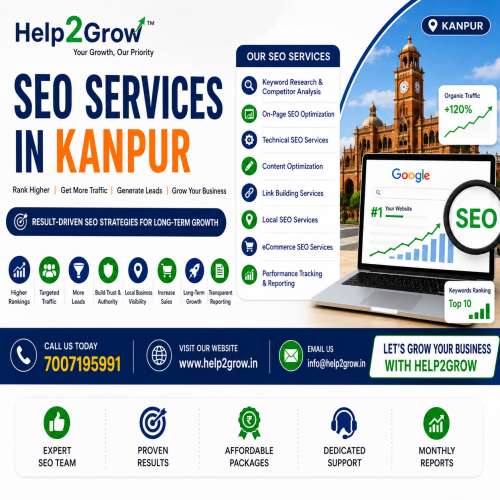 SEO Services in Kanpur banner by Help2Grow showing keyword research, technical SEO, content optimization, link building, local SEO services, Google ranking growth, and digital marketing solutions